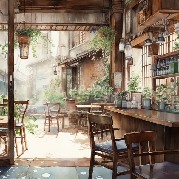 High Resolution: Intricate painting of a rustic sunlit cafe with wooden furniture and potted plants on shelves inside and outside in a quaint alleyway filled with greenery download. | HRJPG.com