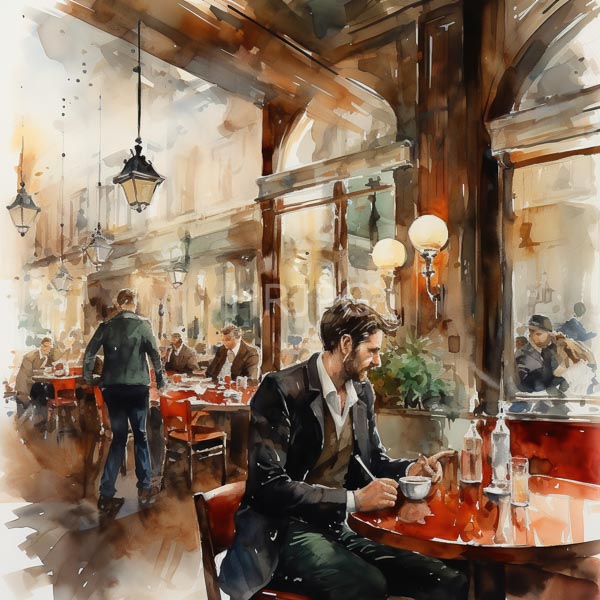 High Resolution: Watercolor painting of an elegant bustling cafe with warm brown and beige tones featuring men in suits seated at red-cushioned tables sipping coffee or tea download. | HRJPG.com