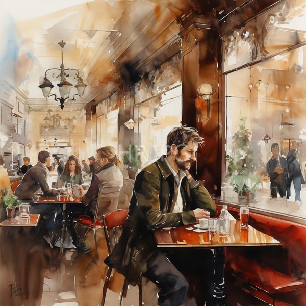 High Resolution: Watercolor painting of an elegant cafe with soft light filtering through large windows a bearded man in a dark green coat sits at a red-cushioned table contemplating download. | HRJPG.com