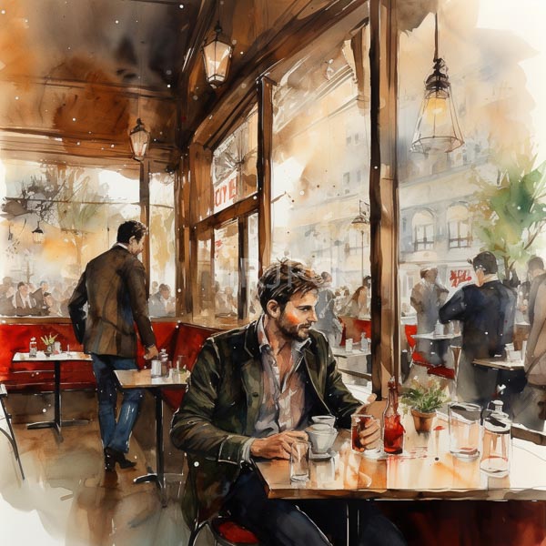 High Resolution: Watercolor painting of an urban cafe with warm brownish hues a bearded man in a green jacket sips coffee at a table near a window seating area with red booths download. | HRJPG.com