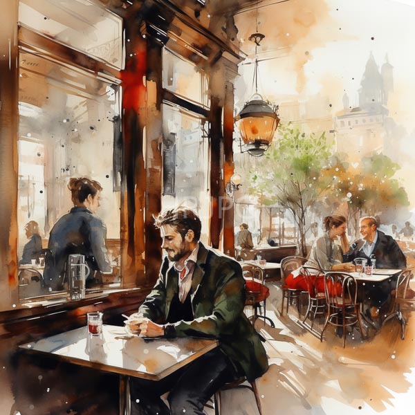 High Resolution: Watercolor-style painting of an outdoor cafe with warm earthy tones and soft light filtering through large windows a bearded man sits at a table holding a coffee cup download. | HRJPG.com