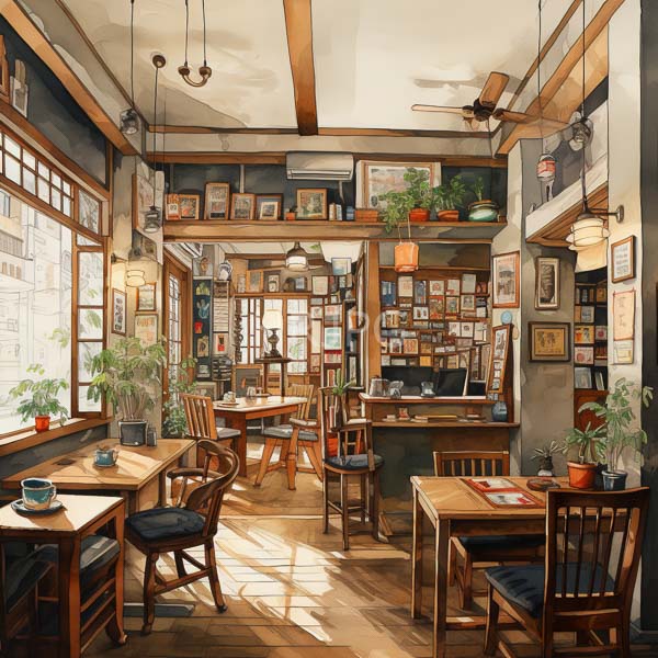 High Resolution: Intricate painting of a cozy sunlit cafe with wooden furniture and decor numerous tables adorned with potted plants and framed art on the walls download. | HRJPG.com