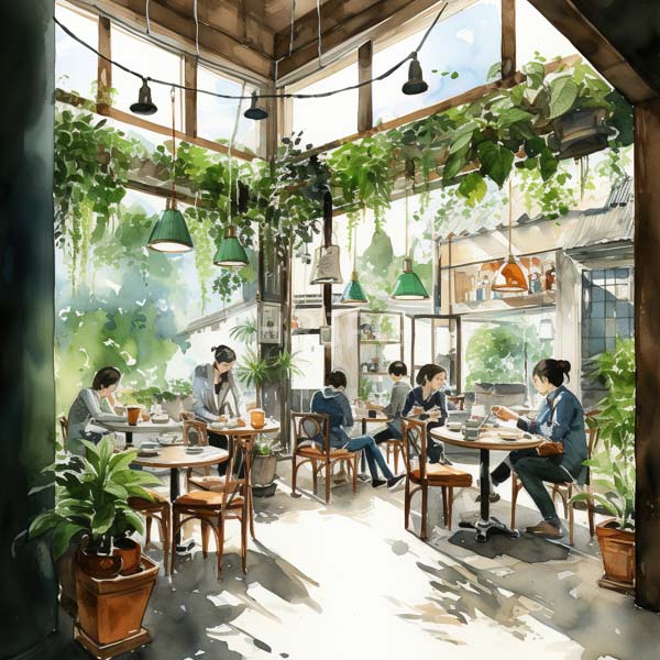 High Resolution: Watercolor-style illustration depicts six people sitting at wooden tables in an airy greenhouse cafe filled with lush green plants hanging from above download. | HRJPG.com
