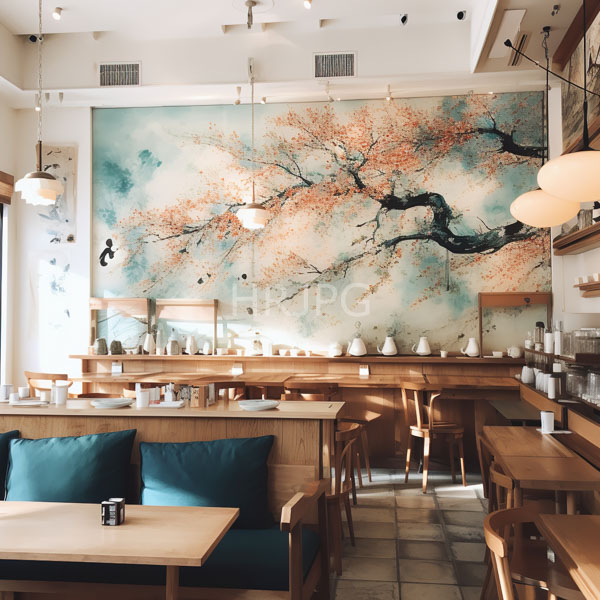 High Resolution: Elegant modern cafe with wooden furniture and teal cushions features a large watercolor-style cherry blossom mural on a white wall behind the counter download. | HRJPG.com