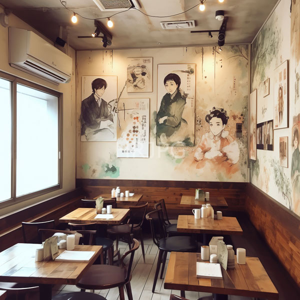 High Resolution: Intimate warmly lit cafe with wooden tables and chairs a white-tiled floor and walls adorned with traditional Japanese watercolor paintings download. | HRJPG.com
