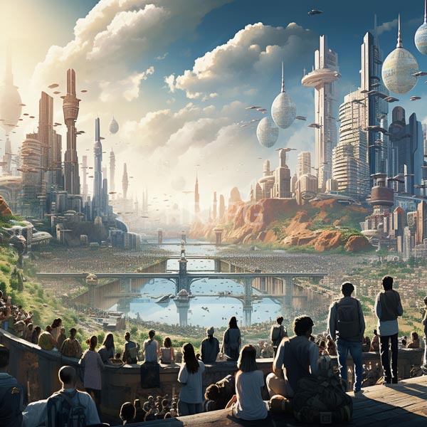 High Resolution: Futuristic cityscape at sunset with towering skyscrapers and floating spherical structures with a reflective river running through lush green hills download. | HRJPG.com