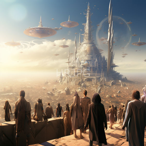 High Resolution: Ancient civilization gazes at futuristic floating cities and towering spires in a sunlit sky filled with hovering discs with people clad in robes below download. | HRJPG.com