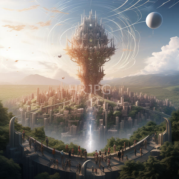 High Resolution: Ethereal futuristic cityscape centered around a towering crystalline spire emitting radiant light beams with floating orbs and planets in the background download. | HRJPG.com