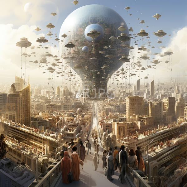 High Resolution: Ancient city with futuristic floating cities a massive spherical space station-like structure and diverse people walking on elevated pathways download. | HRJPG.com