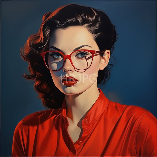 High Resolution: Attractive woman with fair skin blue eyes and dark wavy hair wears red-framed glasses and a bright-red button-up shirt against a deep-blue background download. | HRJPG.com
