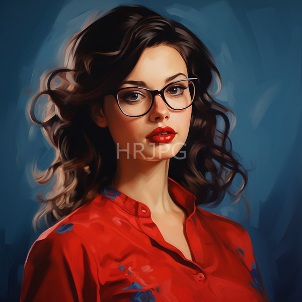High Resolution: Attractive young woman with fair skin wavy dark brown hair and red lipstick wears black-rimmed glasses looking directly at viewers against a blurred teal background download. | HRJPG.com