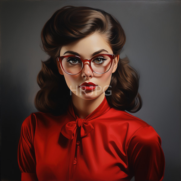 High Resolution: Attractive young woman with fair skin and dark brown wavy hair wears red-framed glasses over large eyes and a bright crimson satin-like blouse download. | HRJPG.com
