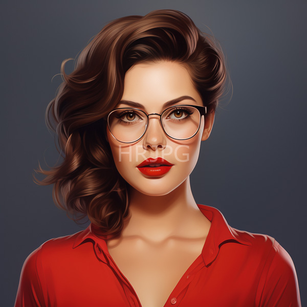 High Resolution: Attractive woman with fair skin brown wavy hair wears large round glasses and bright red lipstick matching her button-up shirt against a dark gray background download. | HRJPG.com