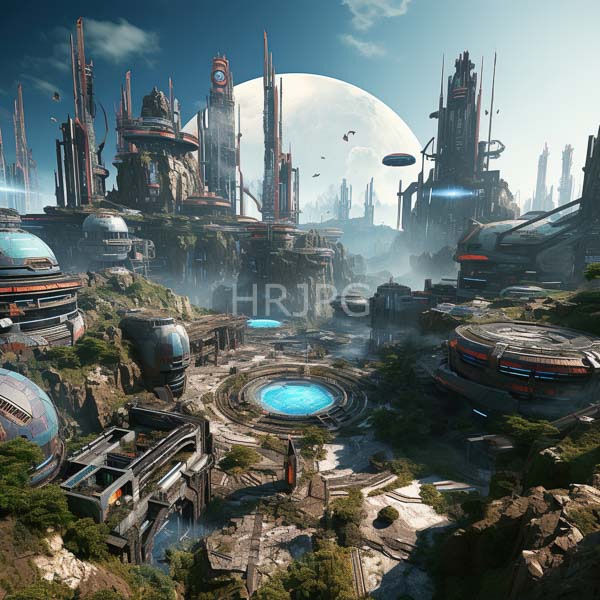 High Resolution: Highly detailed futuristic cityscape with towering skyscrapers and advanced technology structures set against a large white moon in clear blue skies download. | HRJPG.com