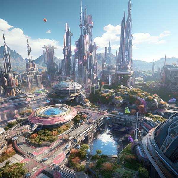 High Resolution: Highly detailed futuristic cityscape featuring towering skyscrapers with sleek metallic and glass designs interspersed among lush greenery download. | HRJPG.com