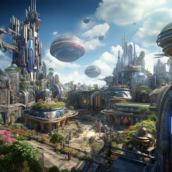 High Resolution: Highly detailed fantasy scene depicts an advanced futuristic cityscape with towering metallic structures and floating spherical spaceships in bright blue skies download. | HRJPG.com