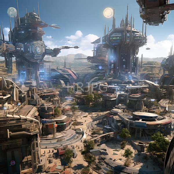 High Resolution: Highly detailed futuristic cityscape under bright sunlight features towering cyberpunk-style skyscrapers adorned with neon lights and winding streets download. | HRJPG.com