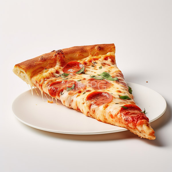 High Resolution: Slice of pepperoni pizza with melted cheese and small green basil leaves on a white ceramic plate against a plain light background download. | HRJPG.com