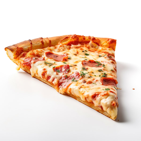 High Resolution: Triangular slice of pizza with melted cheese thin slices of pepperoni and sprinkled finely chopped green herbs against a white background download. | HRJPG.com