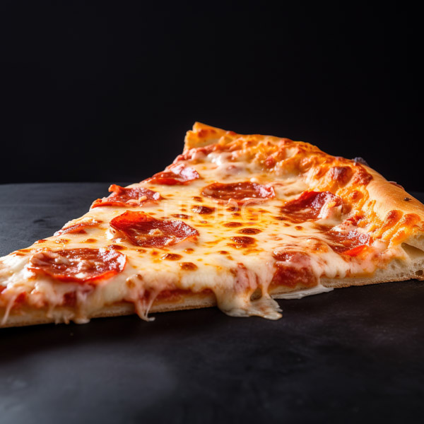 High Resolution: Close-up of one slice of pepperoni pizza on a dark matte surface with black background showing melted cheese and slightly charred crust edges download. | HRJPG.com