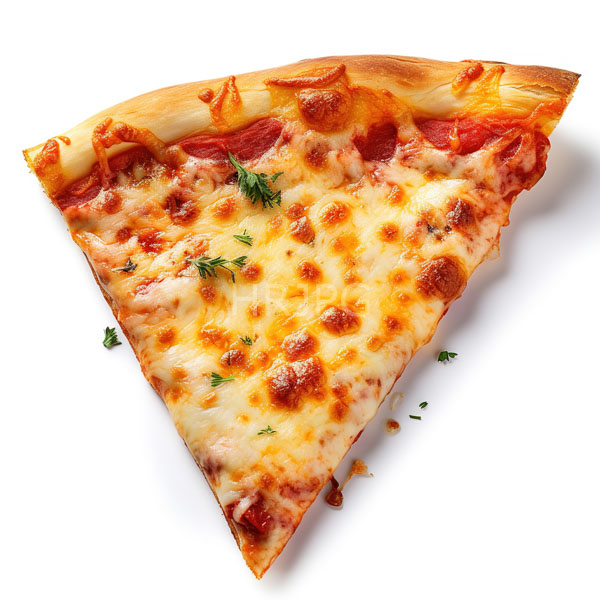 High Resolution: Triangular slice of Italian-style cheese pizza with melted golden-brown mozzarella and scattered fresh green parsley leaves against a white background download. | HRJPG.com