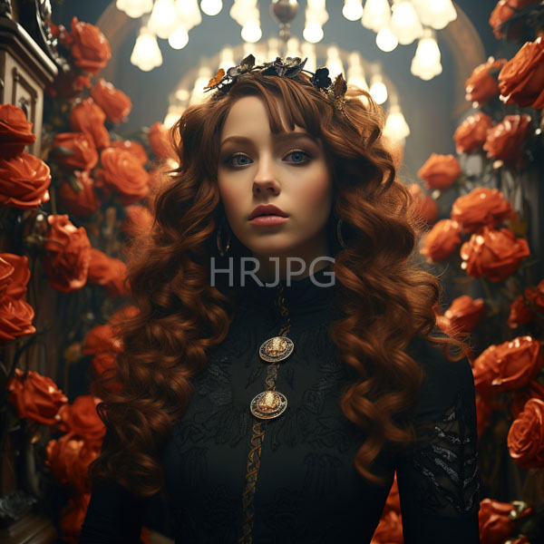 High Resolution: Ethereal woman with long wavy red hair and fair skin stands amidst vibrant orange roses in a dim-lit garden path wearing a black lace Victorian-style dress download. | HRJPG.com