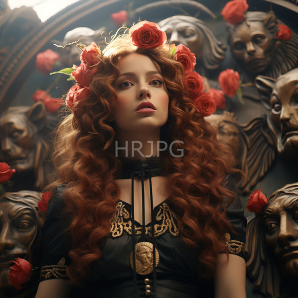 High Resolution: Ethereal young woman with long curly red hair adorned in vibrant roses wears a black Victorian-style lace dress embellished with gold patterns download. | HRJPG.com