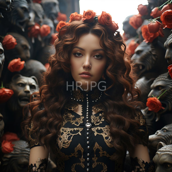 High Resolution: Ethereal young woman with wavy red hair adorned in orange roses wears an ornate black lace dress surrounded by stone masks holding vibrant rose bouquets download. | HRJPG.com