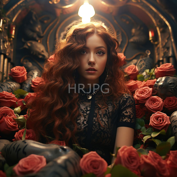 High Resolution: Ethereal young woman with long wavy red hair and pale skin sits amidst pink roses under warm light wearing a black lace clothing adorned with beads download. | HRJPG.com