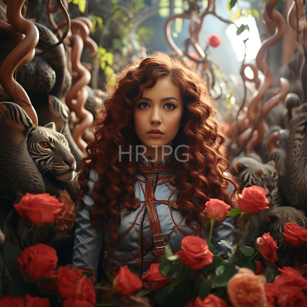 High Resolution: Ethereal young woman with voluminous curly red hair stands amidst twisted tree branches adorned by pink roses in full bloom wearing intricate blue-gray attire download. | HRJPG.com