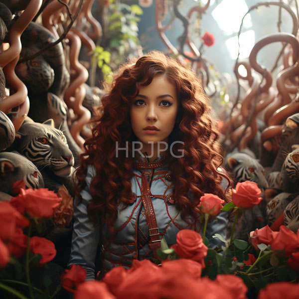High Resolution: Ethereal young woman with voluminous curly red hair stands amidst twisted wooden sculptures resembling animals in a garden filled with vibrant pink roses download. | HRJPG.com