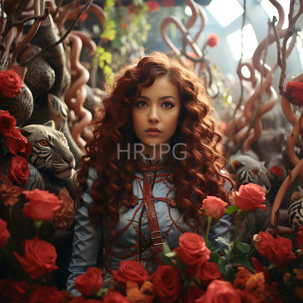 High Resolution: Ethereal young woman with voluminous curly red hair stands amidst twisted tree branches adorned in roses wears intricate blue-gray attire accented with brown rope-like details download. | HRJPG.com