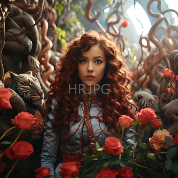 High Resolution: Ethereal young woman with voluminous curly red hair stands amidst twisted vines adorned with roses wears a light blue satin blouse embellished with brown lace download. | HRJPG.com