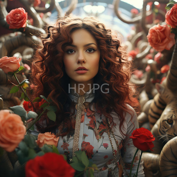 High Resolution: Attractive young woman with voluminous curly red hair stands amidst twisted tree branches adorned with pink roses wearing a floral-patterned dress and intricate necklaces download. | HRJPG.com