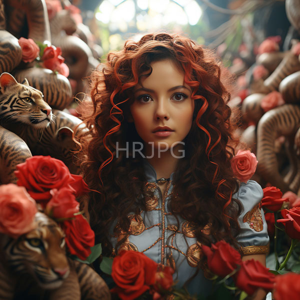 High Resolution: Ethereal young woman with voluminous curly red hair stands amidst vibrant roses surrounded by life-sized tiger statues in ornate attire download. | HRJPG.com