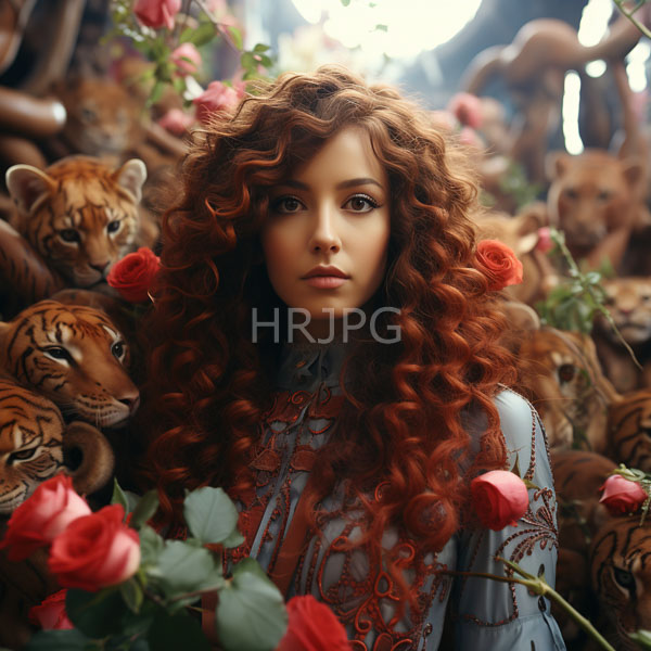 High Resolution: Ethereal young woman with voluminous curly red hair stands amidst numerous realistic tiger sculptures surrounded by blooming roses wearing ornate blue clothing download. | HRJPG.com