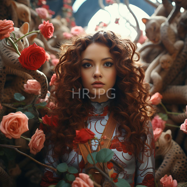 High Resolution: Ethereal young woman with voluminous curly red hair stands amidst blooming pink roses surrounded by intricately carved wooden figures download. | HRJPG.com