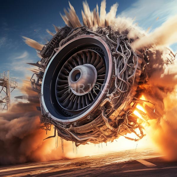 High Resolution: Enormous cylindrical jet engine exploding mid-air against a clear blue sky and desert landscape with fiery orange flames and billowing smoke download. | HRJPG.com