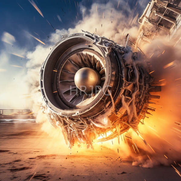 High Resolution: Dynamic rendering of an enormous futuristic jet engine crashing onto a sandy beach at high speed emitting bright orange flames and thick smoke download. | HRJPG.com