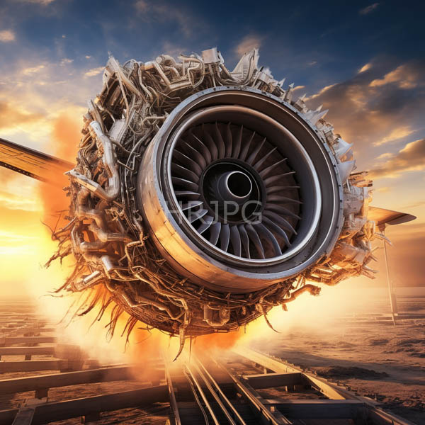 High Resolution: Enormous futuristic jet engine with intricate metallic and mechanical details emerging from behind aircraft wings at sunset with vibrant orange flames download. | HRJPG.com