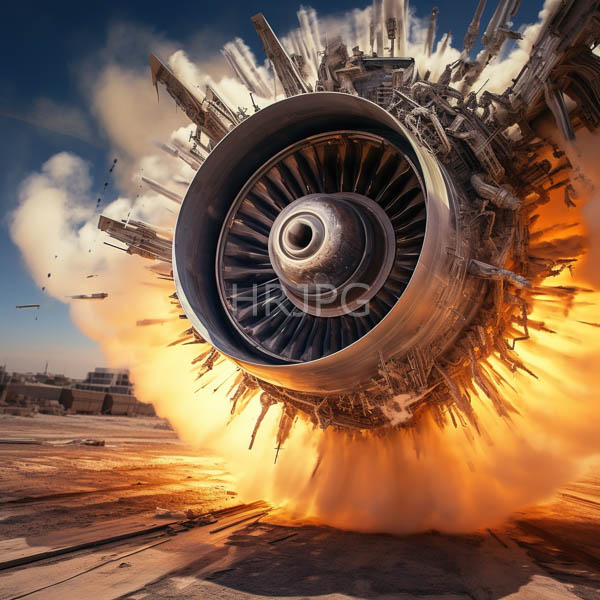 High Resolution: Enormous metallic jet engine roaring to life on a desert runway under clear blue skies with intense orange and yellow flames bursting from its multiple blades download. | HRJPG.com