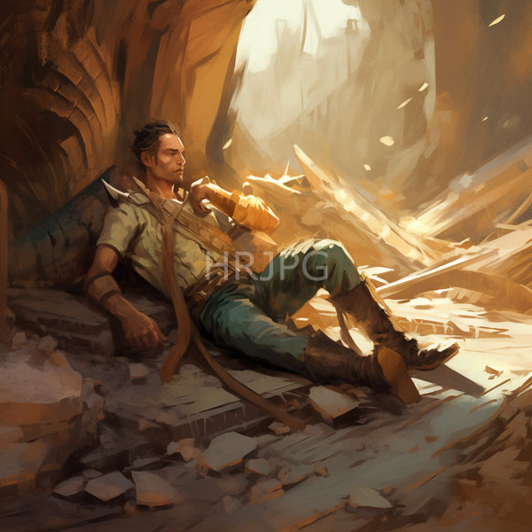 High Resolution: Exhausted bearded man with dark hair and brown boots leaning against rubble in a sunlit ruined cityscape wears green pants and a torn shirt download. | HRJPG.com