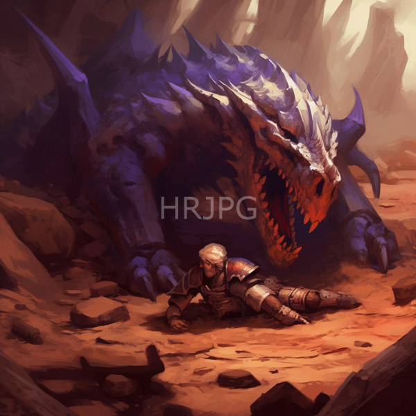 High Resolution: Armored bald human warrior lying on dusty ground before a massive blue and purple dragon with sharp teeth in a rocky desert background download. | HRJPG.com