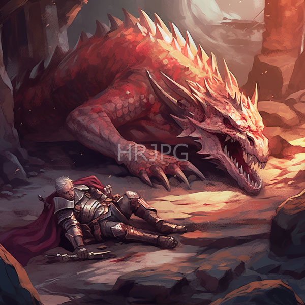 High Resolution: Armored white-haired warrior with a red cape lying on rocky ground before a massive crimson dragon sleeping in a cave with sunlight filtering through cracks download. | HRJPG.com