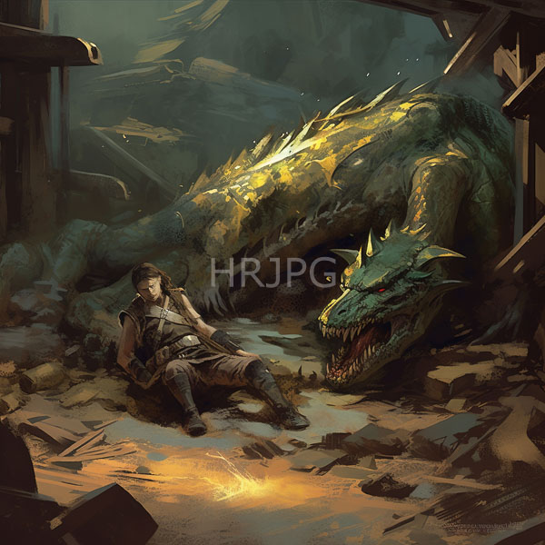 High Resolution: Exhausted muscular woman with brown hair and leather armor sits on rubble beside a large green dragon illuminated by golden light in ruins download. | HRJPG.com