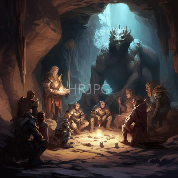 High Resolution: Eight armored warriors of various ethnicities gathered around an illuminated campfire in a dim cave with a towering demonic creature looming menacingly behind them download. | HRJPG.com