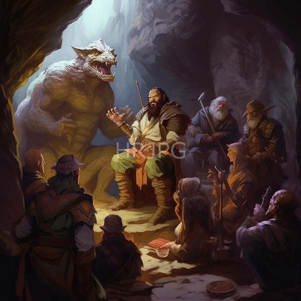 High Resolution: Intense cave meeting with diverse rugged adventurers and warriors around a lit fire with a central bearded man confronting a towering muscular werewolf-like creature download. | HRJPG.com