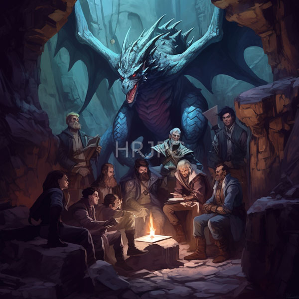 High Resolution: Nine medieval adventurers in period clothing around an illuminated campfire inside a cavernous rocky setting with a large blue dragon looming menacingly over them download. | HRJPG.com