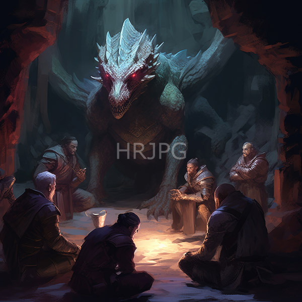High Resolution: Seven armored hooded figures seated around an illuminated campfire in a dark cave with a towering dragon-like creature looming behind them with glowing red eyes download. | HRJPG.com
