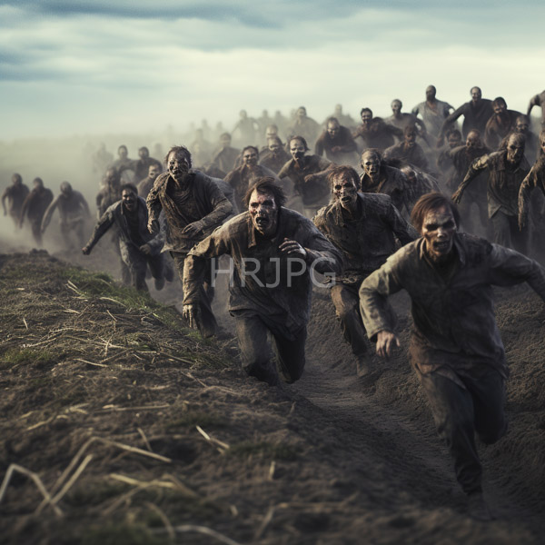 High Resolution: Intense chaotic scene depicting numerous dirty-faced men with disheveled hair and rugged clothing running down a muddy path in daylight under cloudy skies download. | HRJPG.com